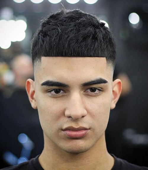 Thick Textured Crop Fade with Blunt Fringe