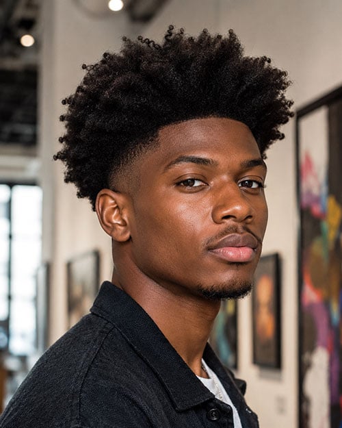 Long Coily Afro with Clean Temp Fade