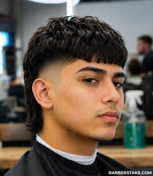 Thick Textured Mullet Fade with Heavy Fringe